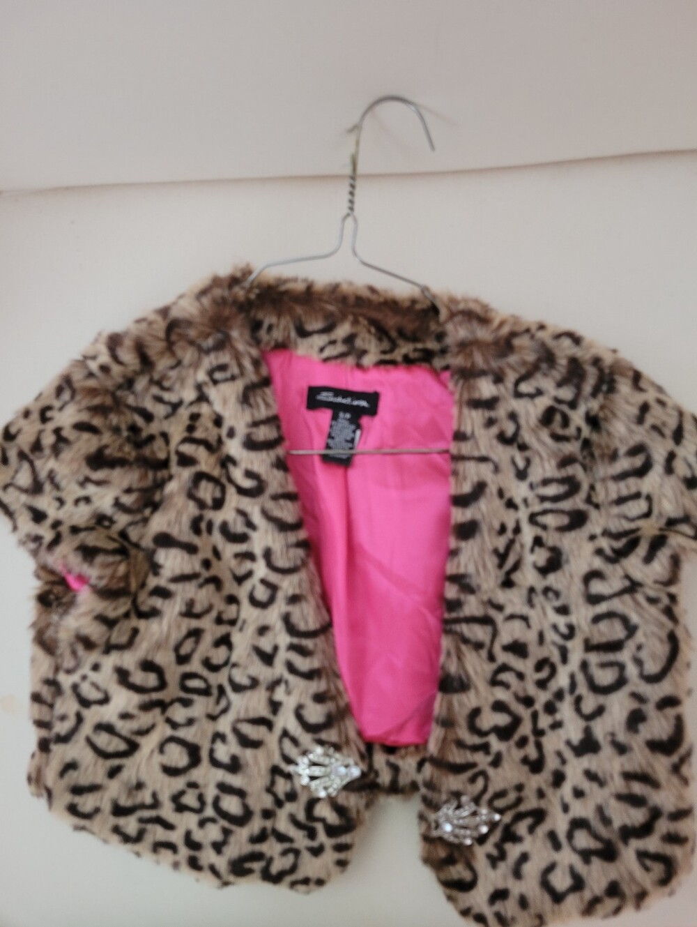 Faux Fur Leopard Print Girls Jacket with Pink Lining